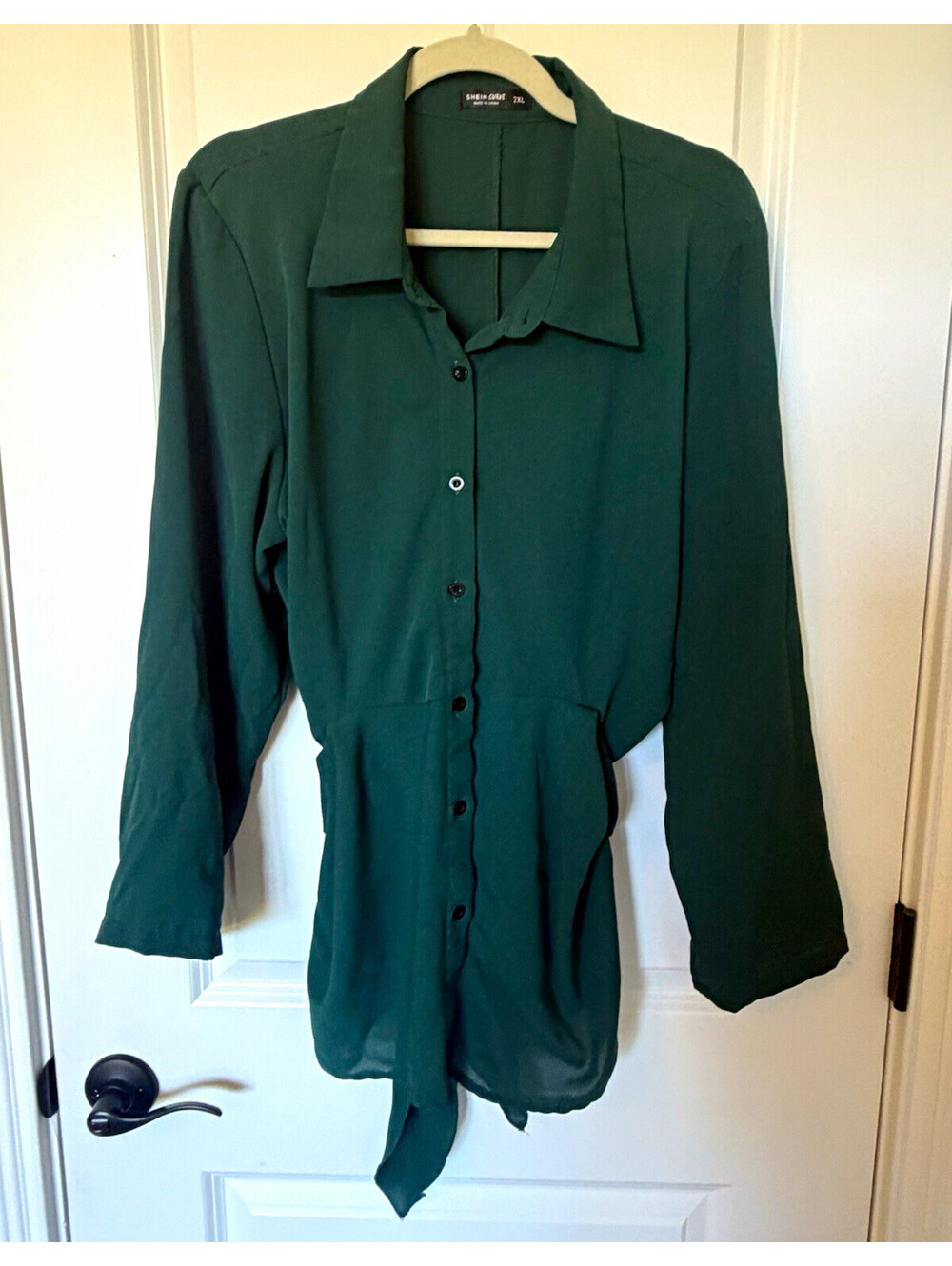 SHEIN CURVE Blouse 2XL Plus Green Solid Collared Woven Button Tie Waist